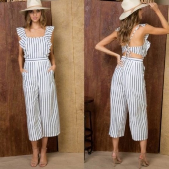 lace up ruffle cut out stripes capri jumpsuit - Picture 2 of 3